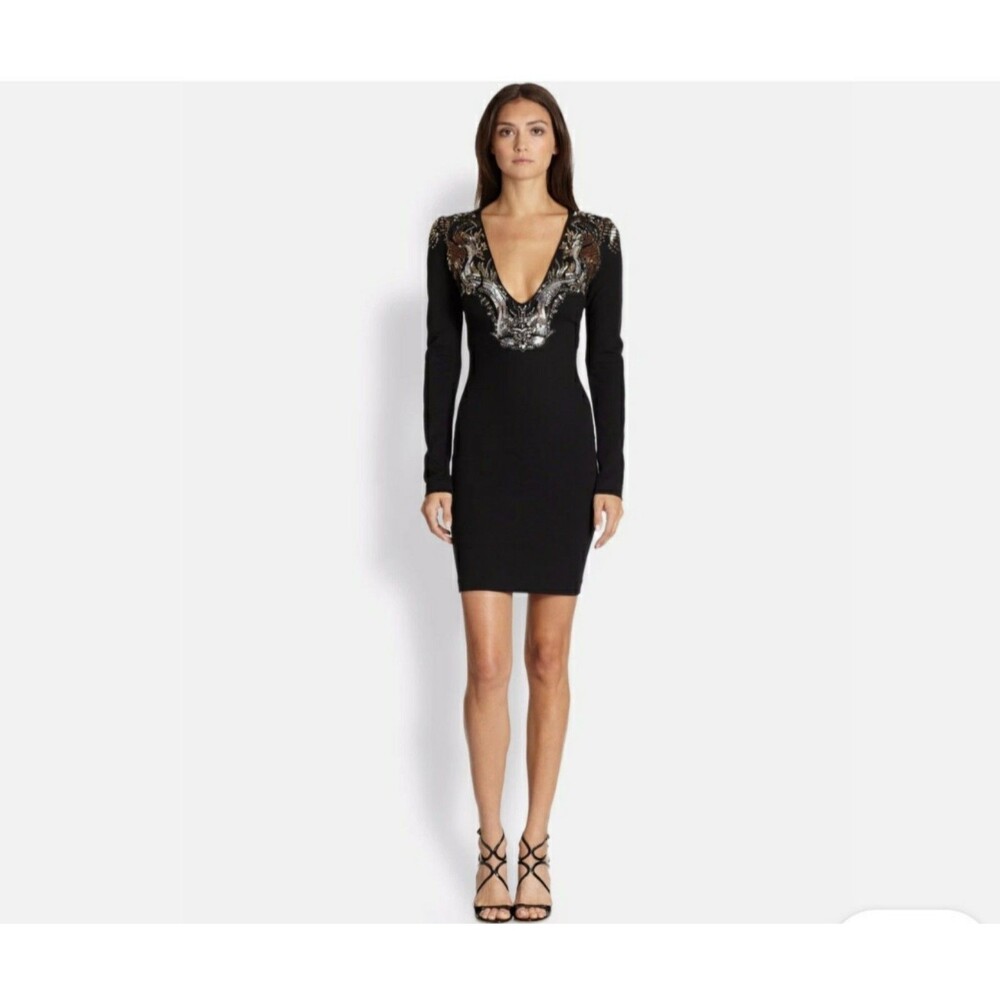 ROBERTO CAVALLI Black Stretchy Knit Mini Dress w/ Embellished V-Neck IT42 US4-6